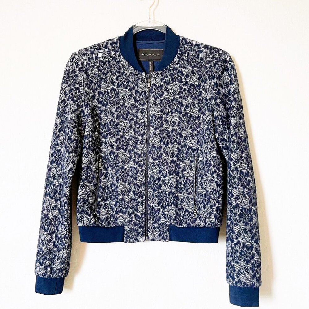 BCBGMaxAzria Floral Lace "Kenneth" Zip-Front Navy Blue Bomber Jacket - Size XXS